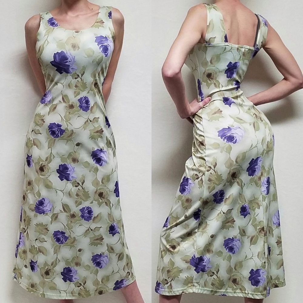 VINTAGE 1990s Street Code Green Purple Rose Sleeveless Maxi Dress
